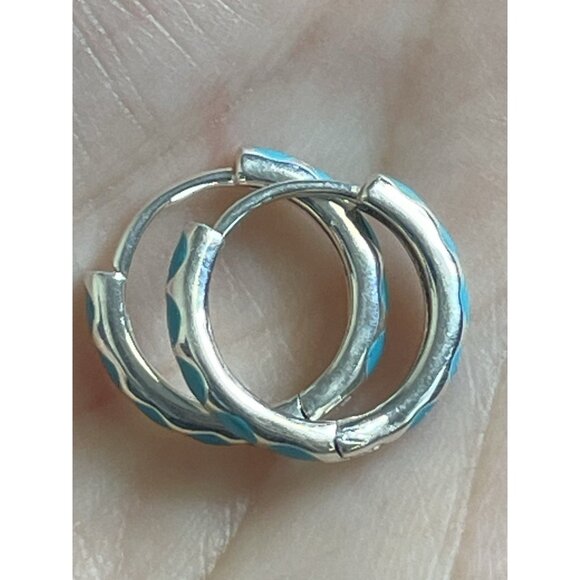 Aqua Blue Enamel 925 Silver Huggie Hoop Earrings Pierced - Picture 5 of 13